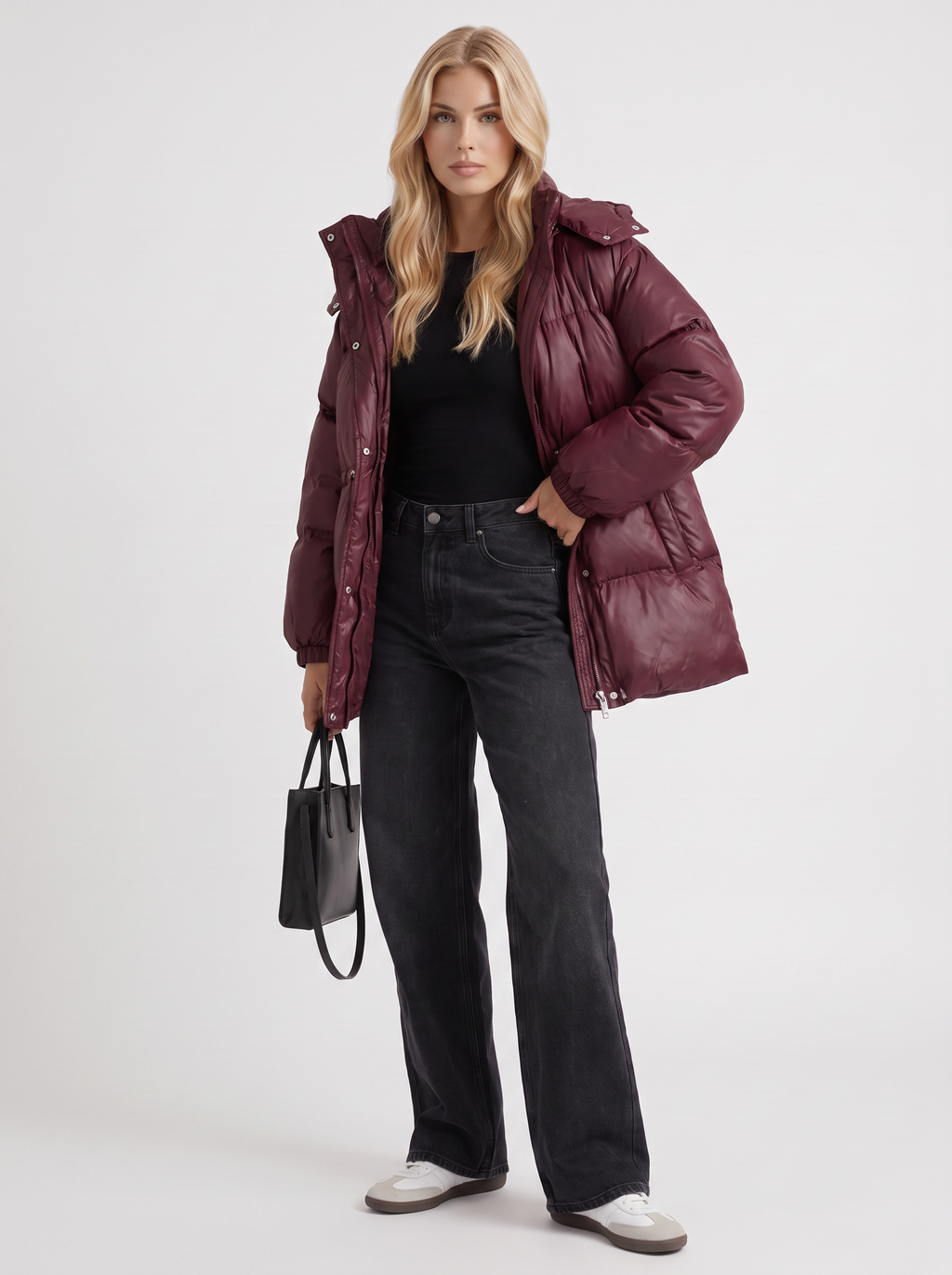 Brown women's puffer jacket with hood and cinched tie waist - view 9
