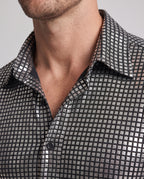 Men's disco costume with metallic silver square-print shirt and black flared pants - view 2