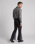Men's disco costume with metallic silver square-print shirt and black flared pants - view 3