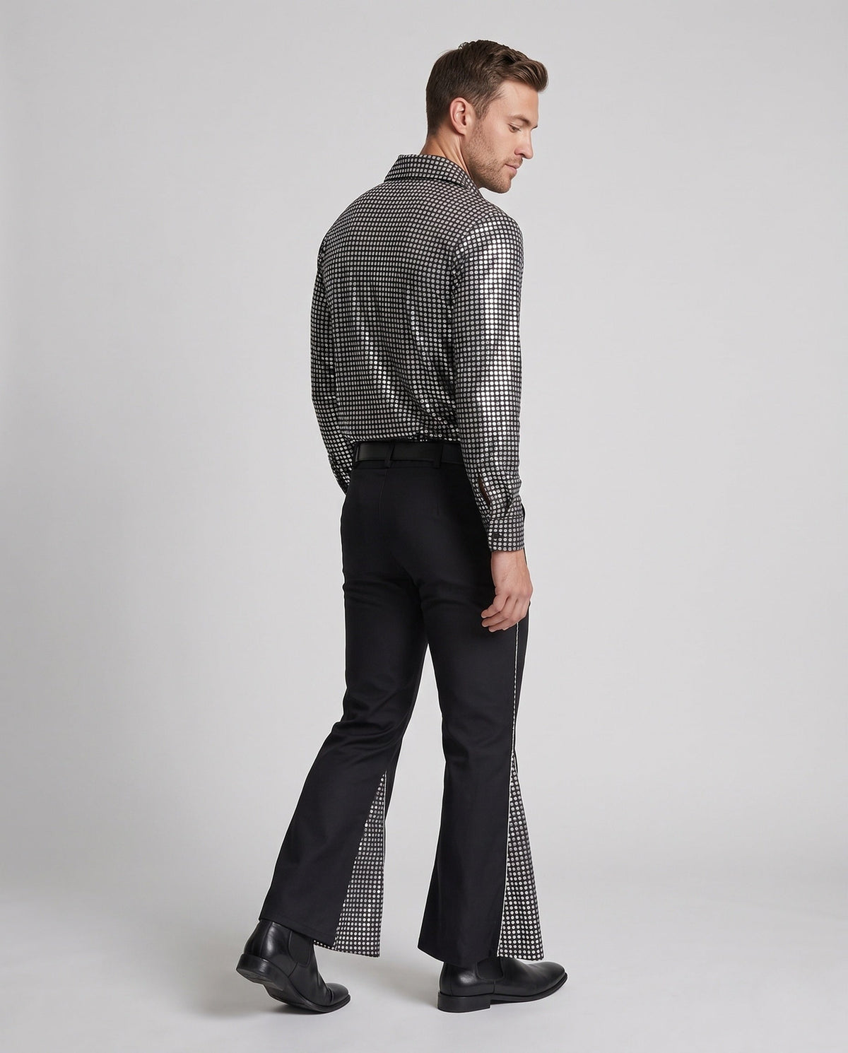 Men's disco costume with metallic silver square-print shirt and black flared pants - view 3