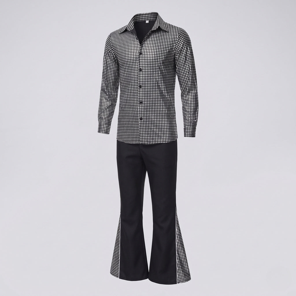 Men's disco costume with metallic silver square-print shirt and black flared pants - view 4