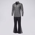 Men's disco costume with metallic silver square-print shirt and black flared pants - view 4