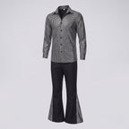 Men's disco costume with metallic silver square-print shirt and black flared pants - view 4