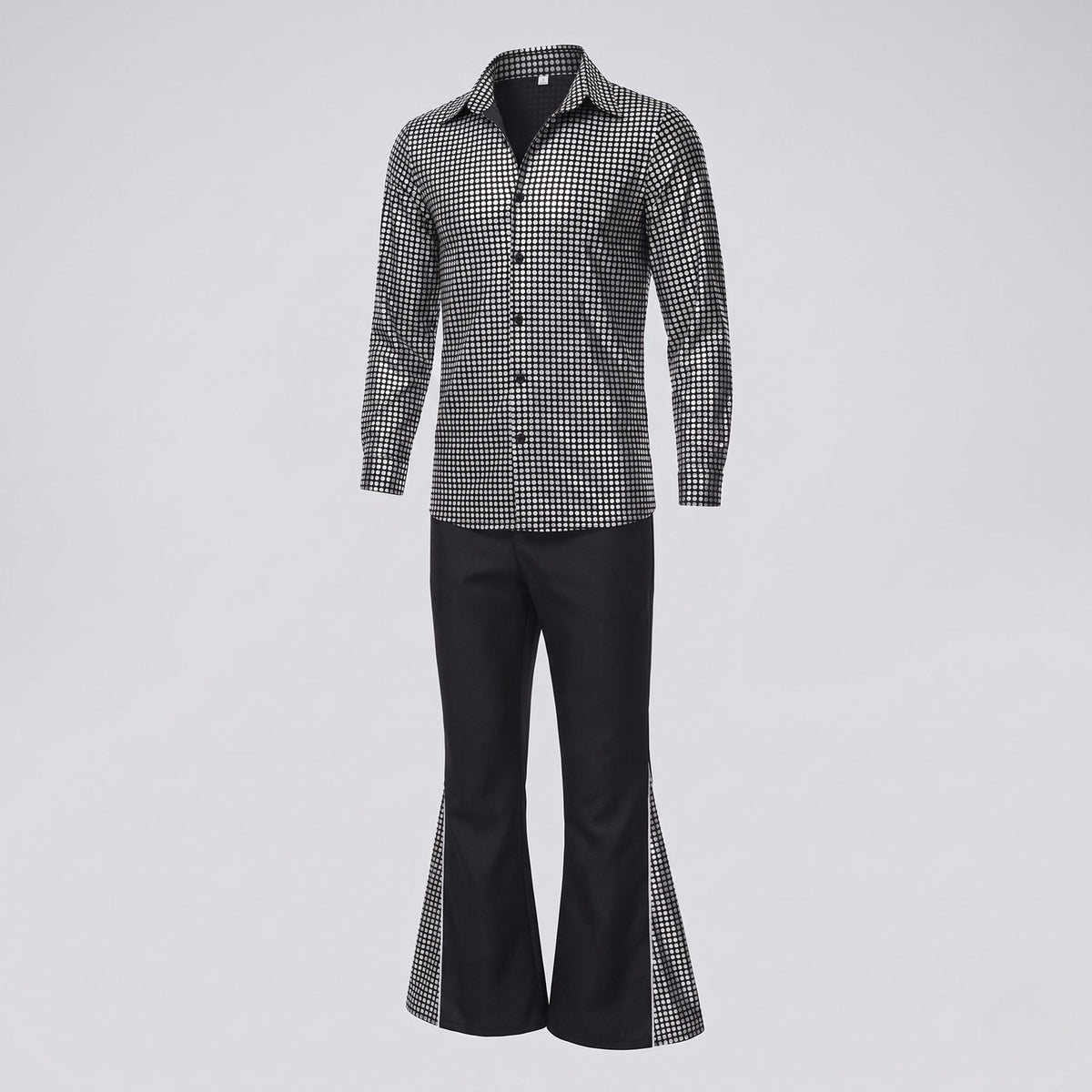 Men's disco costume with metallic silver square-print shirt and black flared pants - view 4