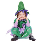 Girls green fairy Halloween costume with lilac petal skirt and pointed felt hat
