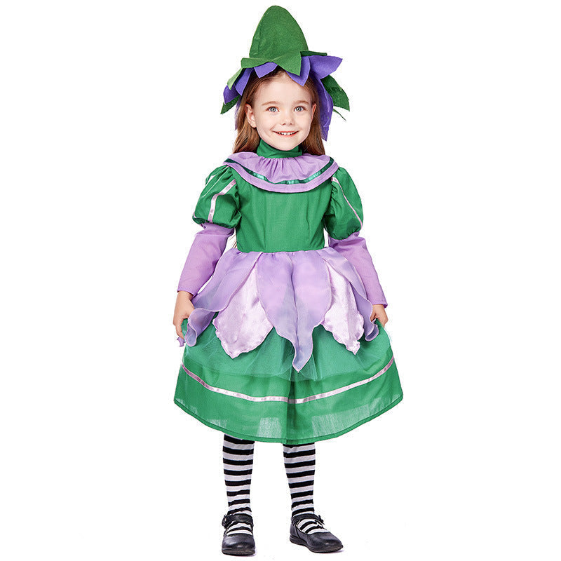 Girls green fairy Halloween costume with lilac petal skirt and pointed felt hat - view 2