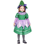 Girls green fairy Halloween costume with lilac petal skirt and pointed felt hat - view 2