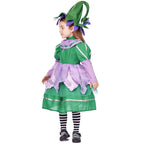 Girls green fairy Halloween costume with lilac petal skirt and pointed felt hat - view 3