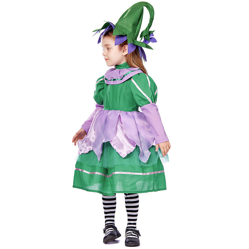 Girls green fairy Halloween costume with lilac petal skirt and pointed felt hat - view 3