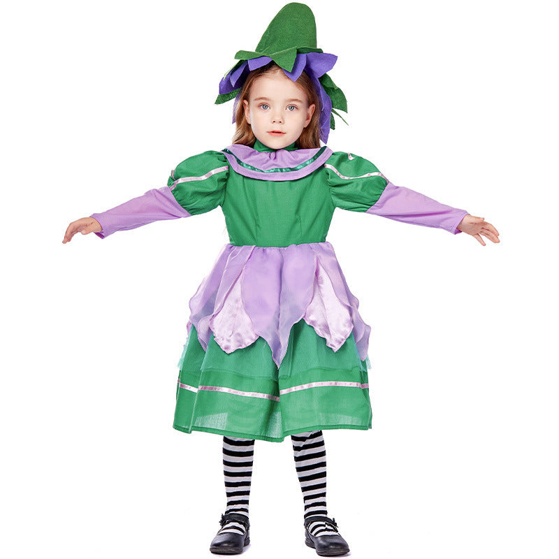 Girls green fairy Halloween costume with lilac petal skirt and pointed felt hat - view 4