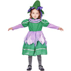 Girls green fairy Halloween costume with lilac petal skirt and pointed felt hat - view 4