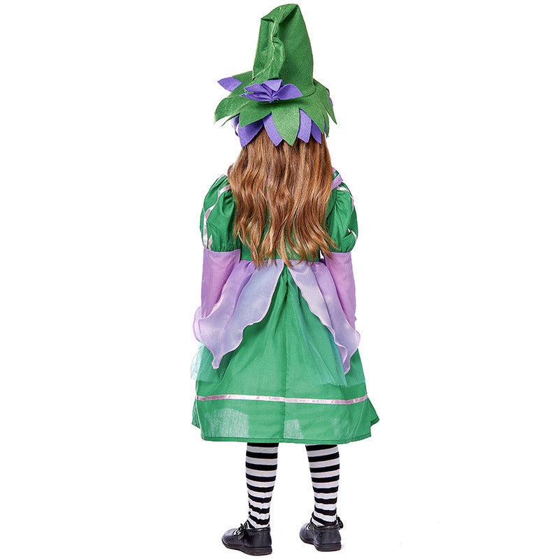 Girls green fairy Halloween costume with lilac petal skirt and pointed felt hat - view 5