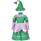 Girls green fairy Halloween costume with lilac petal skirt and pointed felt hat - view 6