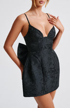 Black floral jacquard homecoming mini dress with plunging V neckline, lace-up back and oversized back bow - view 3