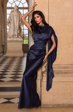 Navy satin corset maxi dress with high draped neckline and long shoulder drape