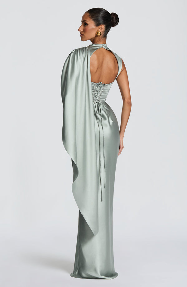 Navy satin corset maxi dress with high draped neckline and long shoulder drape - view 10