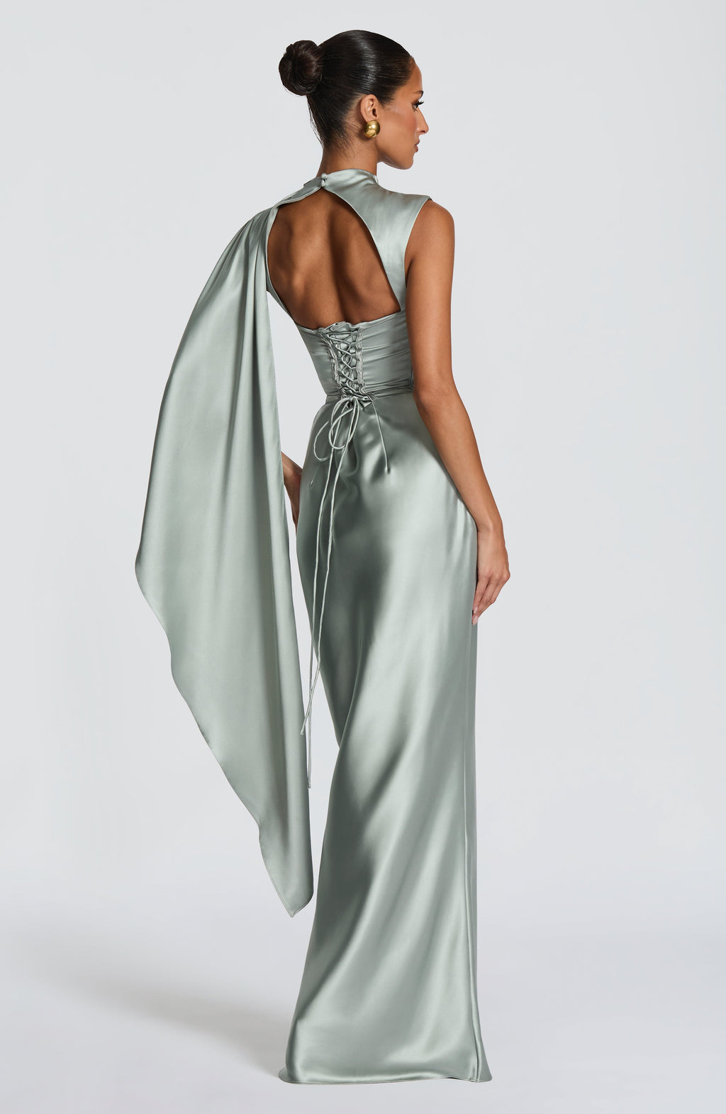 Navy satin corset maxi dress with high draped neckline and long shoulder drape - view 11