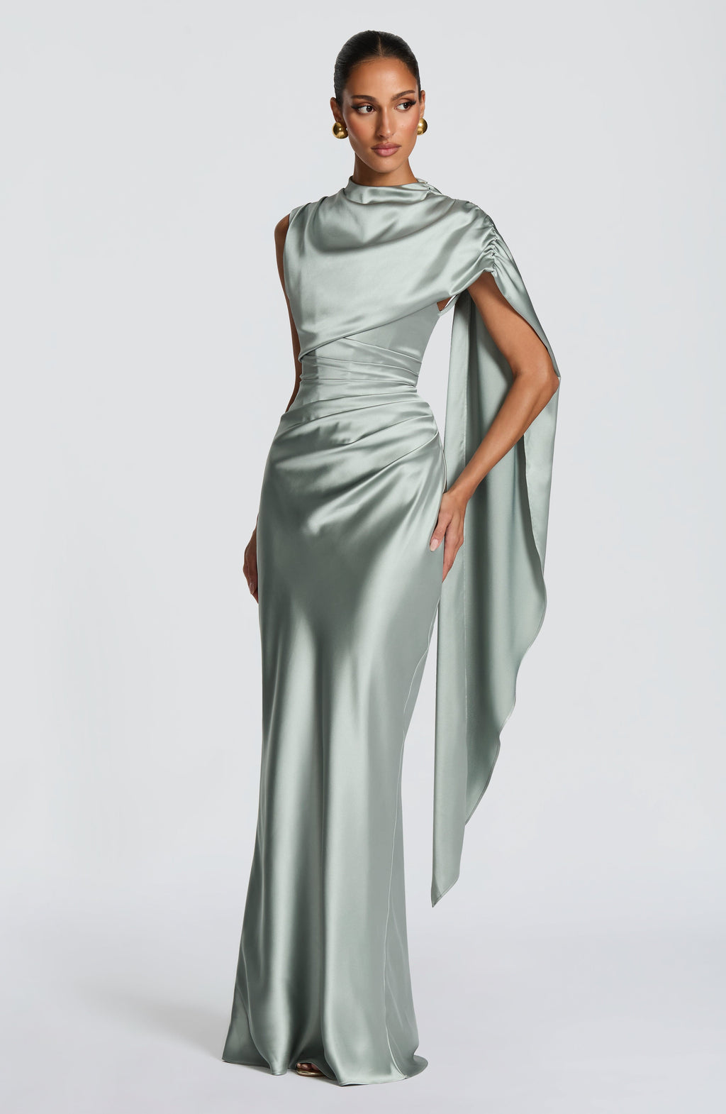 Navy satin corset maxi dress with high draped neckline and long shoulder drape - view 12