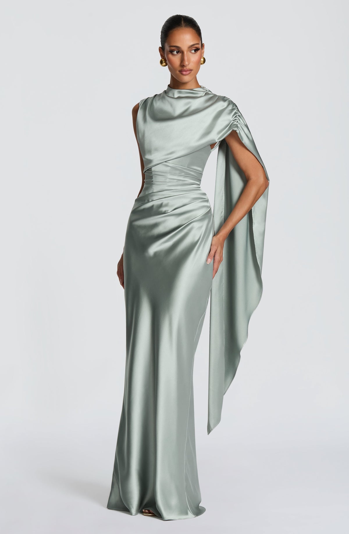 Navy satin corset maxi dress with high draped neckline and long shoulder drape - view 12