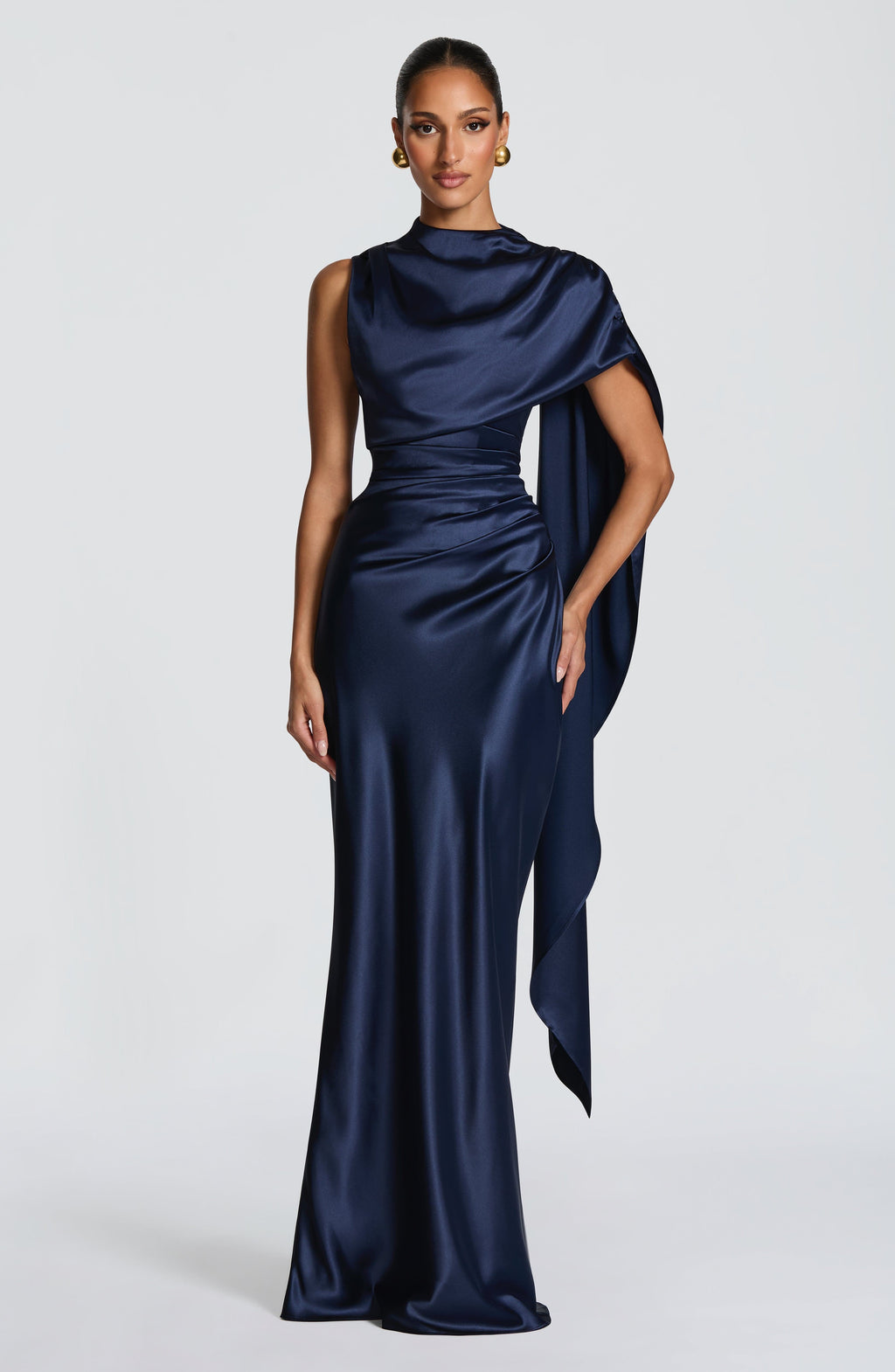 Navy satin corset maxi dress with high draped neckline and long shoulder drape - view 2