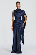 Navy satin corset maxi dress with high draped neckline and long shoulder drape - view 2