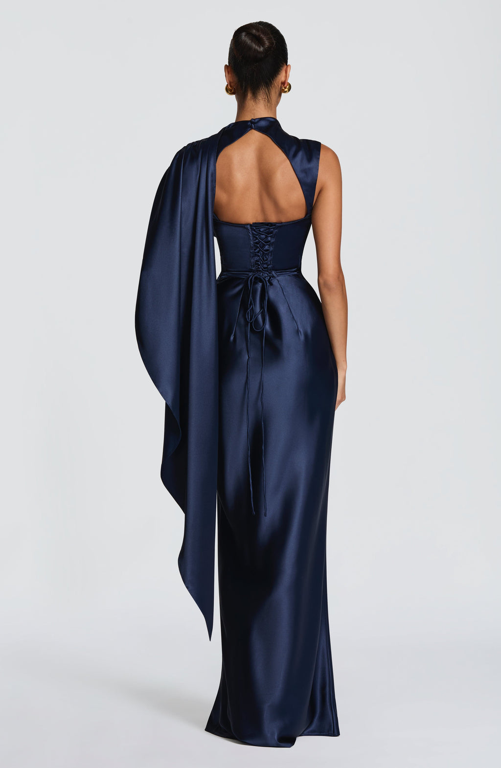 Navy satin corset maxi dress with high draped neckline and long shoulder drape - view 3