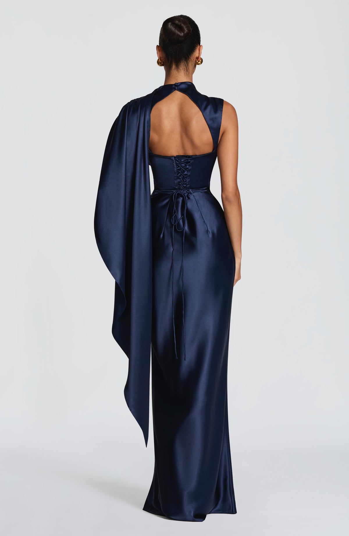 Navy satin corset maxi dress with high draped neckline and long shoulder drape - view 3