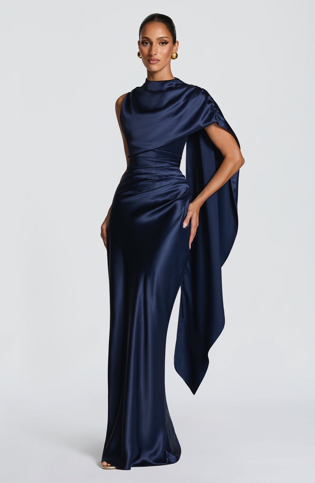 Navy satin corset maxi dress with high draped neckline and long shoulder drape - view 4