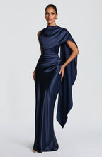 Navy satin corset maxi dress with high draped neckline and long shoulder drape - view 4