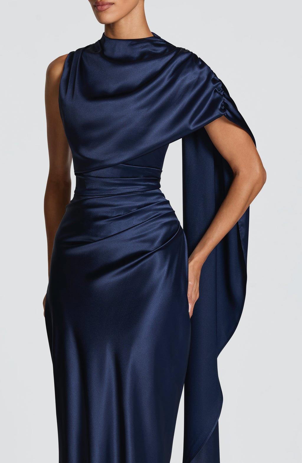 Navy satin corset maxi dress with high draped neckline and long shoulder drape - view 5