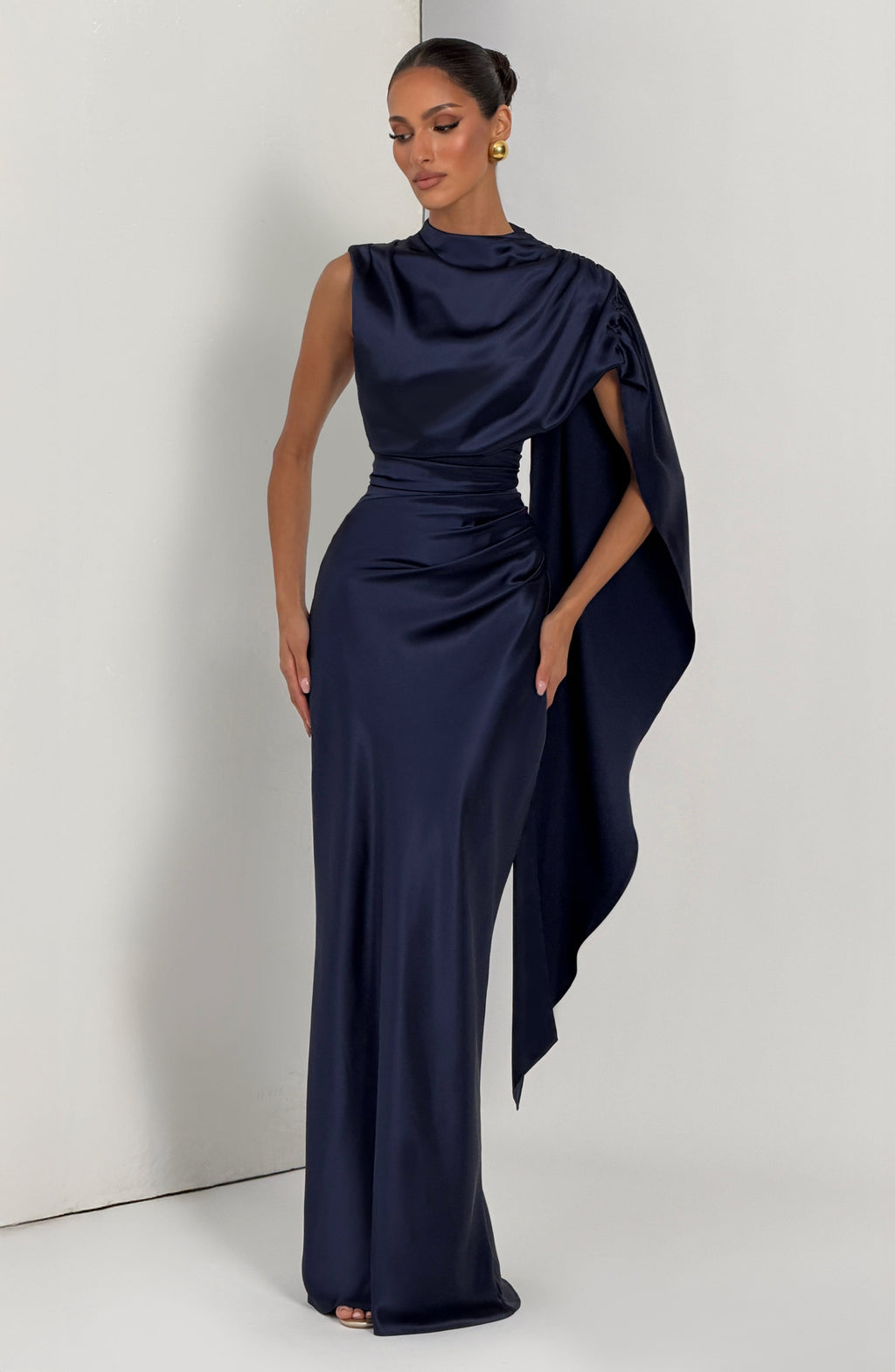 Navy satin corset maxi dress with high draped neckline and long shoulder drape - view 6