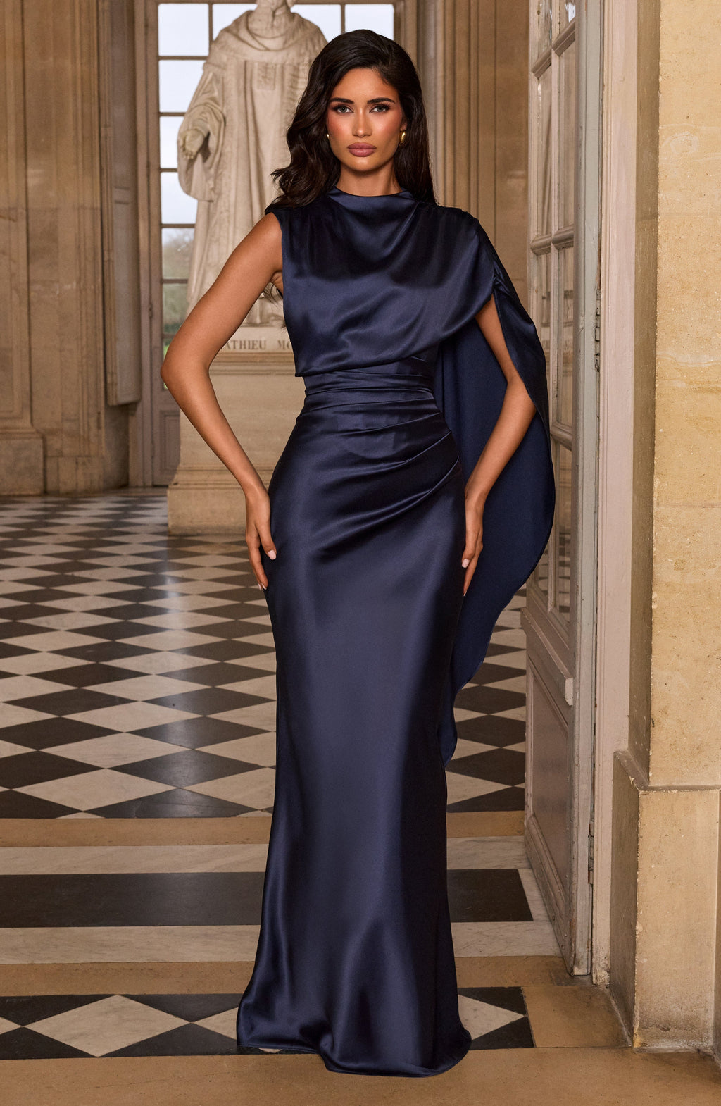 Navy satin corset maxi dress with high draped neckline and long shoulder drape - view 7