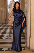 Navy satin corset maxi dress with high draped neckline and long shoulder drape - view 7