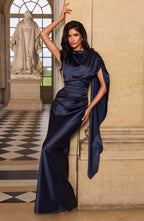 Navy satin corset maxi dress with high draped neckline and long shoulder drape - view 8