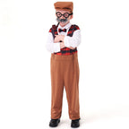 Kids old man Halloween costume with printed plaid vest, suspenders, white sleeves and cuffed pants