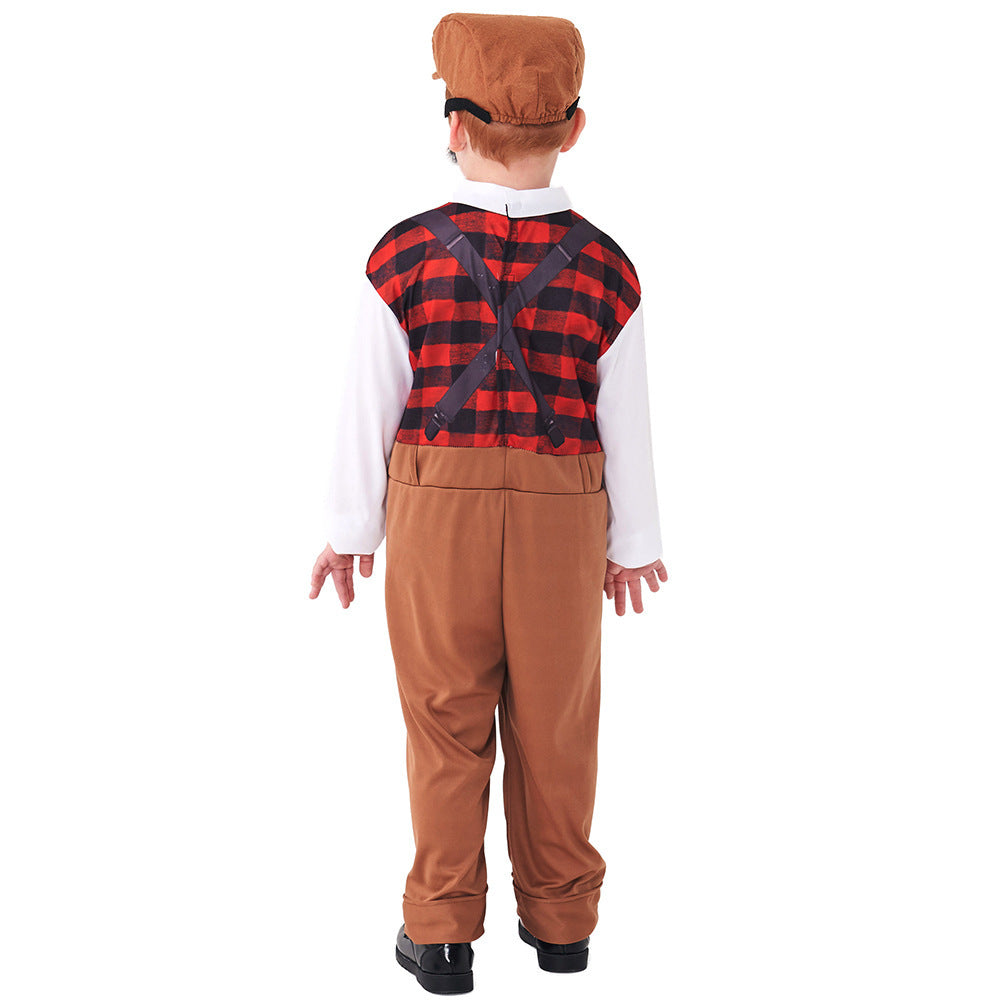 Kids old man Halloween costume with printed plaid vest, suspenders, white sleeves and cuffed pants - view 2