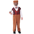 Kids old man Halloween costume with printed plaid vest, suspenders, white sleeves and cuffed pants - view 3