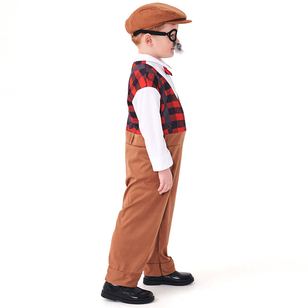 Kids old man Halloween costume with printed plaid vest, suspenders, white sleeves and cuffed pants - view 4