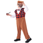 Kids old man Halloween costume with printed plaid vest, suspenders, white sleeves and cuffed pants - view 5