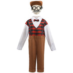 Kids old man Halloween costume with printed plaid vest, suspenders, white sleeves and cuffed pants - view 6
