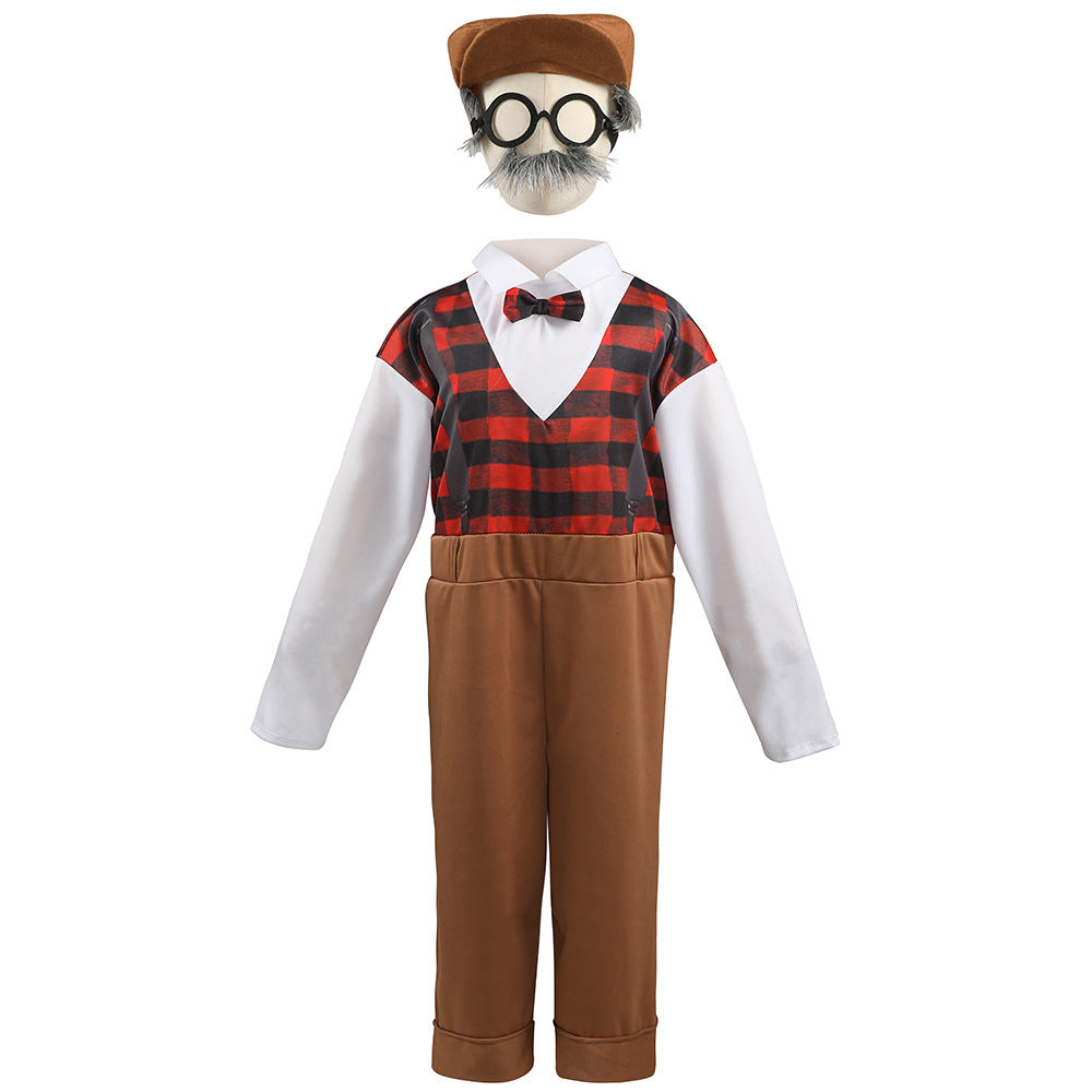 Kids old man Halloween costume with printed plaid vest, suspenders, white sleeves and cuffed pants - view 6