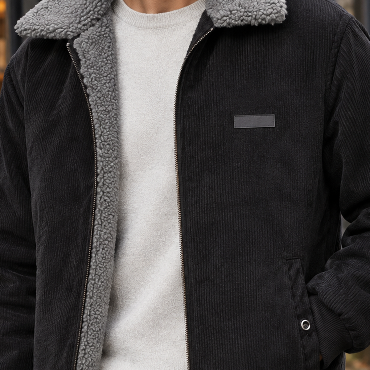 Fleece lined men's corduroy jacket with sherpa-look collar - view 2
