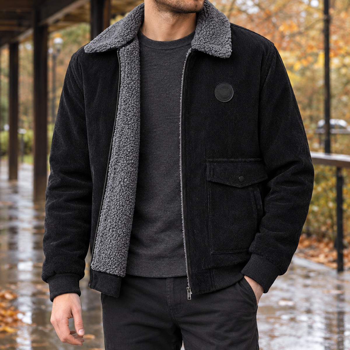 Corduroy zip up jacket with fleece-look collar worn over a crewneck