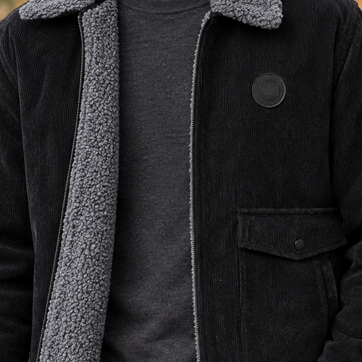 Corduroy zip up jacket with fleece-look collar worn over a crewneck - view 2
