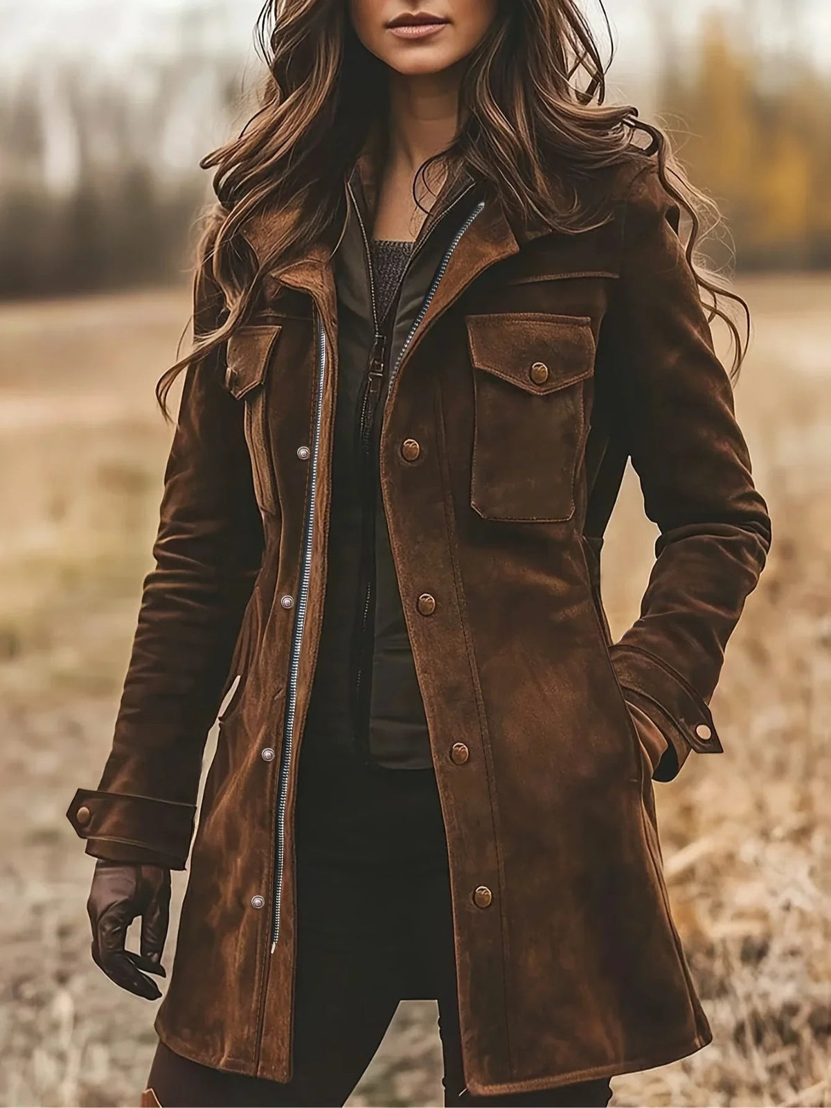 Long brown utility coat for women with flap chest pockets, button and zip front