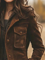 Long brown utility coat for women with flap chest pockets, button and zip front - view 2