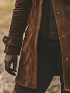 Long brown utility coat for women with flap chest pockets, button and zip front - view 3