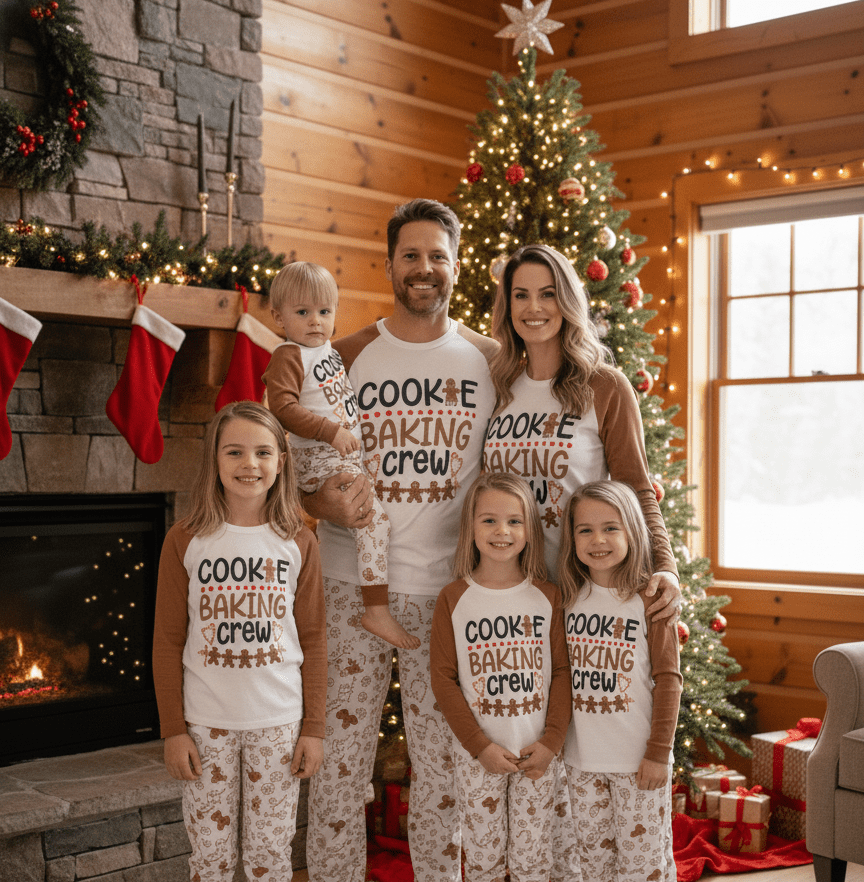 Family wearing matching gingerbread Christmas pajamas with Cookie Baking Crew raglan tops