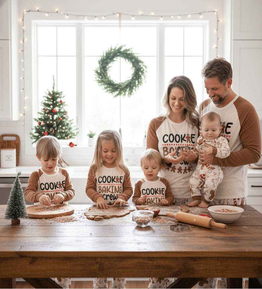 Family wearing matching gingerbread Christmas pajamas with Cookie Baking Crew raglan tops - view 2