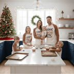Family wearing matching gingerbread Christmas pajamas with Cookie Baking Crew raglan tops - view 3